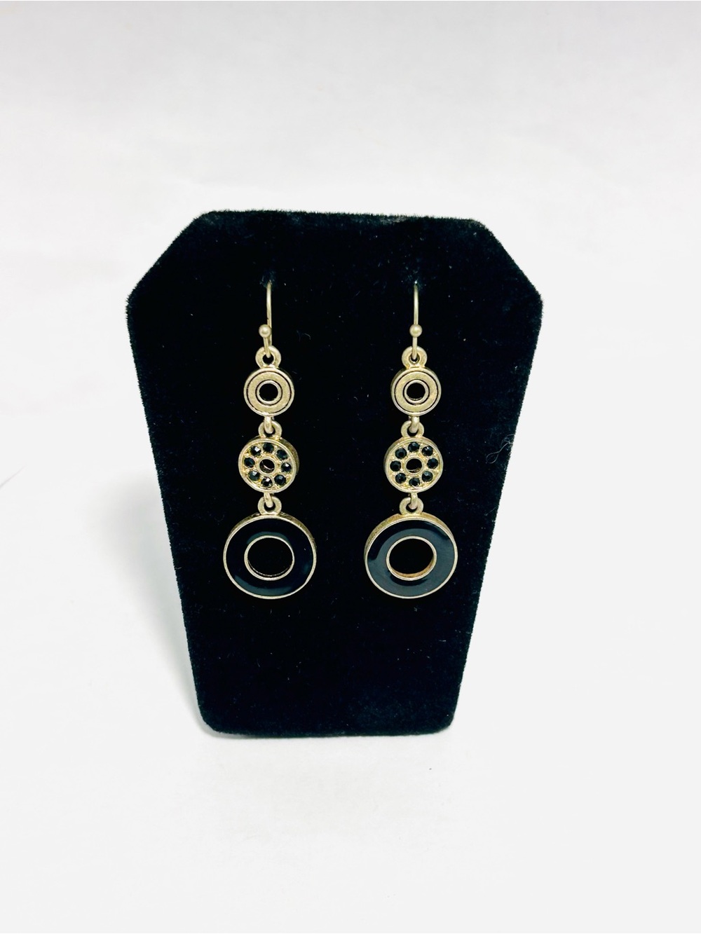 Lia Sophia "Dapple" Gold-Tone Black Cut Crystals 3-Tier Drop Dangle Earrings